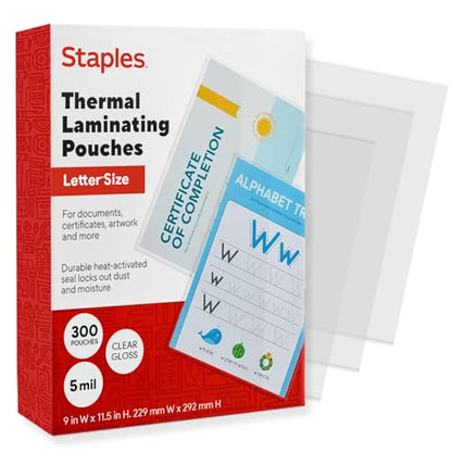 Staples 2425553 5 mil Thermal Laminating Pouches Letter 300 Pack - size: 5 Mil, style: 300 Pack