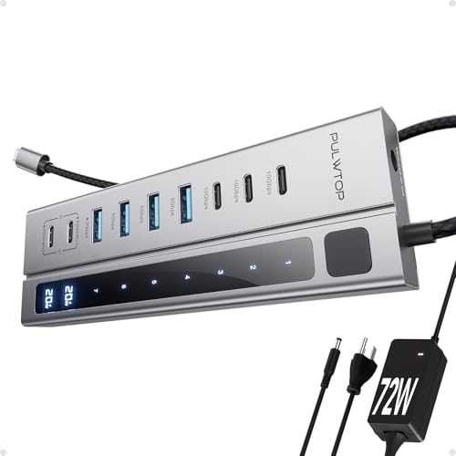 Powered USB C Hub, 9-in-1 USB-Hub 10Gbps & PD 45W Max Charging | PULWTOP USB Powered Hub with 3 USB-C, 4 USB-A for Laptop, MacBook, iPad and More 72W Adapter Included (Not Support Video)