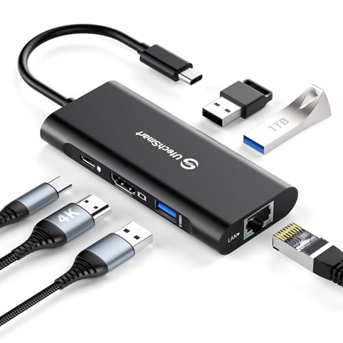 UtechSmart USB C Hub,Ethernet Multiport 6 in 1 USB C to HDMI Adapter Black | with Gigabit Ethernet,4K HDMI,100W PD & USB3.0;Compatible for MacBook,Dell XPS,HP all Type-C laptops - color: Black