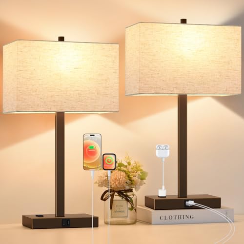 Lynnoland 21" Set of 2 Table lamp with USB A+C & AC Outlets, Touch Control 3-Way Dimmable Nightstand Lamps for Bedroom Living Room Office Reading, Line Shade Touch Lamps, 3000K LED Bulbs Included - color: Nature Line & Bronze with Gold Edge