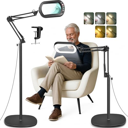 IVMAIE 12X Magnifying Glass with Light and Stand, Real Glass Lens, 5 Color Modes LED Dimmable Lighted, 3-in-1 Floor Lamp with Clamp, Hands Free Magnifier for Reading, Craft Painting Close Work, Black - color: Black