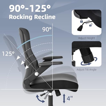 ralex-chair Ergonomic Office Desk Chair with Adjustable Lumbar Support | 3D Flip-up Armrest, 350lbs Capacity, Breathable Mesh Back,PU Leather Seat, for Office,Home,Computer, Black - color: Black