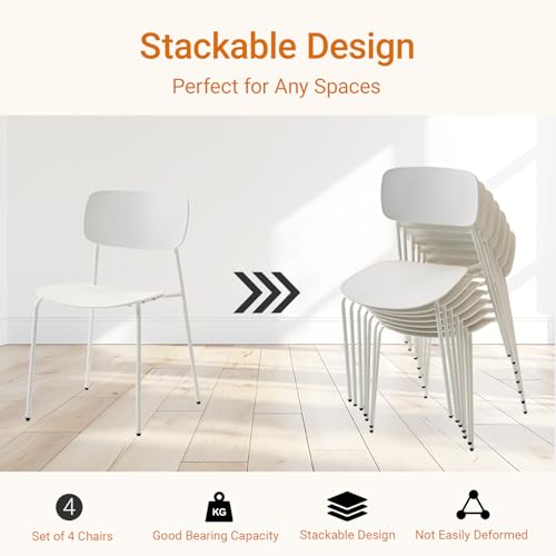 Sidanli Modern Stacking Chairs, White, Set of 4 | Plastic Seat with Sturdy Metal Frame, Capacity 300lbs, Compact Design, Chairs for Waiting Break Room Classroom, Easy to Clean - color: White