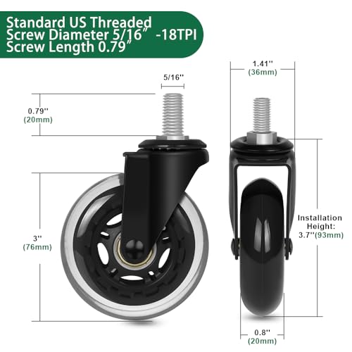 8T8 Office Chair Caster Wheels with 5/16''-18x1 Threaded Stem Caster, Heavy Duty 3" Replacement Rubber Office Chair Wheels for Smart Home Offices, Safe for Hardwood Tile Floors