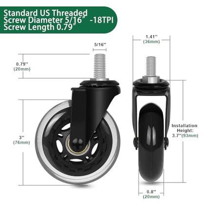 8T8 Office Chair Caster Wheels with 5/16''-18x1 Threaded Stem Caster, Heavy Duty 3" Replacement Rubber Office Chair Wheels for Smart Home Offices, Safe for Hardwood Tile Floors