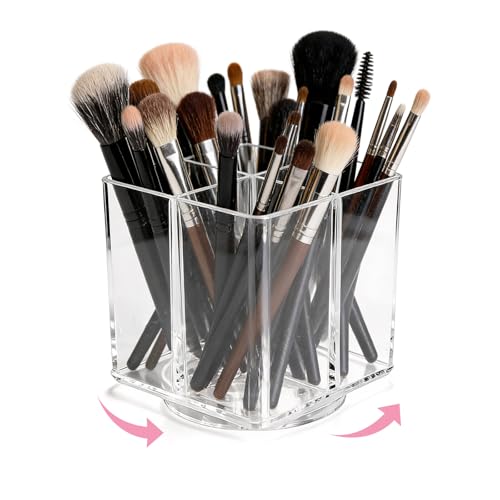 Acrylic Makeup Brush Holder, Clear Rotating Makeup Brush Holder Organizer with 4 Slots, Square Makeup Brush Cup for Vanity Desk Countertop Bathroom - size: Square-4.5in