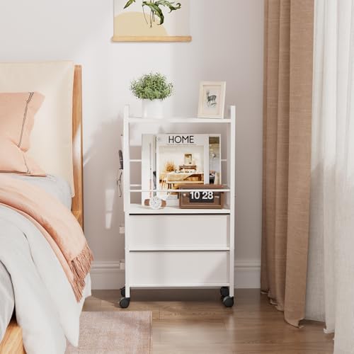 Oppro 2 Drawer Small Narrow Side End Table, Slim Nightstand with Wheels - color: White, size: 2 Drawers