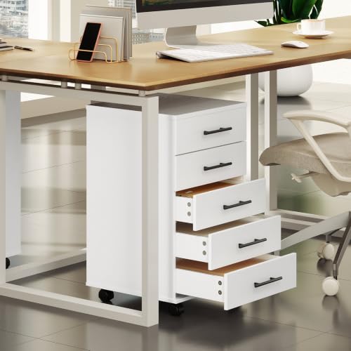 HOOBRO 5-Drawer File Cabinet, Office Filing Cabinet with Drawers, Wooden Mobile Storage Cabinet with Wheels, for Makeup, Home Office, Easy Assembly, White WT05WJ01G1 - color: White