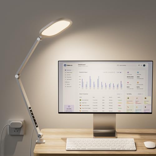 LED Desk Lamp for Home Office with C- Clamp | Swing Arm, Memory, Timer, 30 Dimmable Modes, Computer Light for Video Calls, Zoom Meeting, Conference, Streaming, Podcasting - color: White