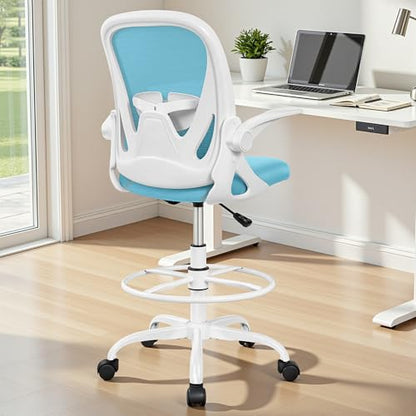 Primy Drafting Chair Tall Office Chair with Flip-up Armrests Executive Ergonomic Computer Standing Desk Chair with Lumbar Support and Adjustable Footrest Ring（Blue） - color: Blue, size: 934-Z