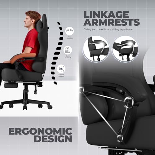 GTPLAYER Big and Tall Gaming Chair 400lbs Heavy Duty Office Chair with Footrest, High Back Pocket Spring Ergonomic Computer Chair for Adults, Wide Seated Cushion with Linkage Armrests, Leather Black - color: Dark Black