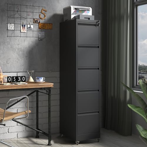 IKIMI 5 Drawer Mobile File Cabinet with Lock,Black Metal Filing Cabinets - color: Black, size: 5 Drawers with Wheels