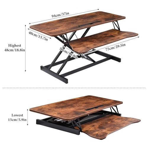 Standing Desk Converter 38 Inch, Height Adjustable Sit to Stand Workstation, Dual Monitor and Laptop Riser with Wide Keyboard Tray, Ergonomic Desk Topper for Home Office School, Brown - color: Tiger Brown