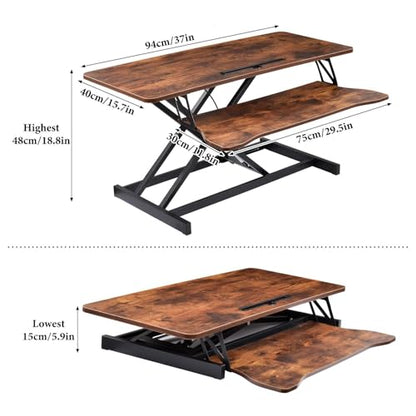 Standing Desk Converter 38 Inch, Height Adjustable Sit to Stand Workstation, Dual Monitor and Laptop Riser with Wide Keyboard Tray, Ergonomic Desk Topper for Home Office School, Brown - color: Tiger Brown