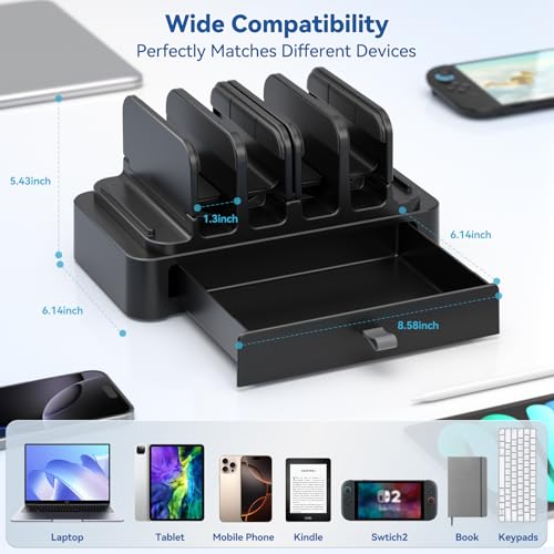 KDD Vertical Laptop Stand with Drawer - 7-in-1 Space-Saving Laptop Holder with Gravity Locking Fits MacBook, Dell, HP, Chromebook, Surface Pro, Tablet, Cell Phone, Switch, Keyboard Desktop Organizer