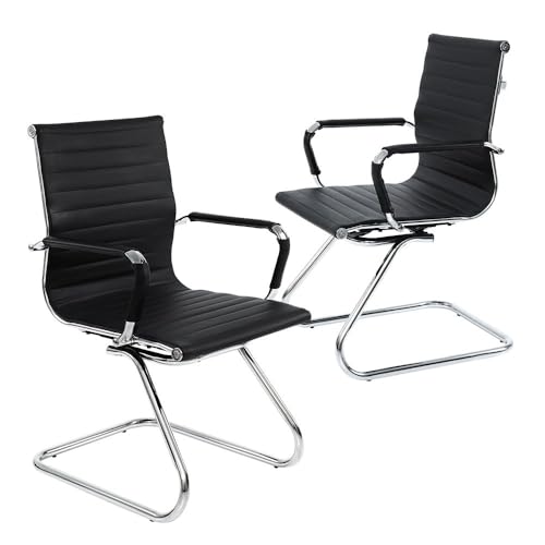 Conference Room Chairs Set of 2, Waiting Room Chairs with Arms, Faux Leather Reception Chairs No Wheels, Office Guest Chairs with Mid Back Support and Chrome Sled Base, Black - color: Black, size: 2PCS
