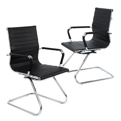 Conference Room Chairs Set of 2, Waiting Room Chairs with Arms, Faux Leather Reception Chairs No Wheels, Office Guest Chairs with Mid Back Support and Chrome Sled Base, Black - color: Black, size: 2PCS