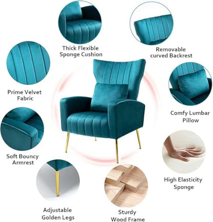 Velvet Accent Chairs Set of 2, Modern Arm Chair with Wingback & Gold Metal Legs for Living Room, Bedroom, Waiting Room, Lumbar Pillow Included, Dark Teal - color: Teal, size: 2PCS with Channel Tufted