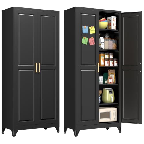 Polup 75" Pantry Cabinet, Tall Metal Storage Cabinet with Doors and Shelves | Black Kitchen Cabinet, 5 Adjustable Shelving, Heavy-Duty Steel, Gold Handles, 4 Standing Feet, for Garage Office & Laundry - color: Black, size: 75"H with No Drawers
