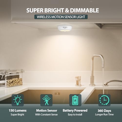 Reoshine Motion Sensor Light Indoor AA Battery Operated, Under Cabinet Lighting, Magnetic Stick on LED Puck Lights for Stair, Wall, Closet, Dimmable, 3000K Warm White (6 Pack) - color: Warm White
