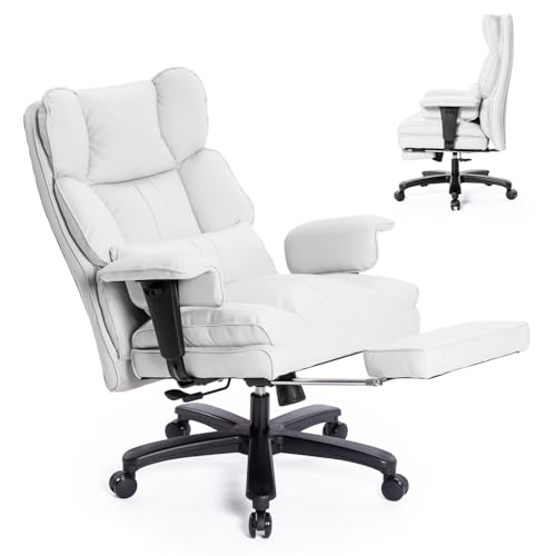 Big and Tall Office Chair with Foot Rest,Heavy Duty Office Chair(White) | PU Leather High Back Wide Desk Chair, Comfortable Executive Office Chair, 135° Reclining, Adjustable Padded Armrests - color: White