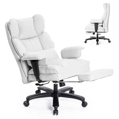 Big and Tall Office Chair with Foot Rest,Heavy Duty Office Chair(White) | PU Leather High Back Wide Desk Chair, Comfortable Executive Office Chair, 135° Reclining, Adjustable Padded Armrests - color: White