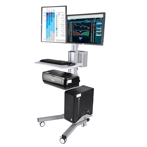 Yescom NexusX Commander Mobile Computer Cart Rolling PC Stand Desk | Workstation Dual Monitor Mount Wheeled Adjustable IT Datacenter Office ANSI/BIFMA X5.5-2021 Certificated Silver - color: Silver, size: 2 Monitor-28"