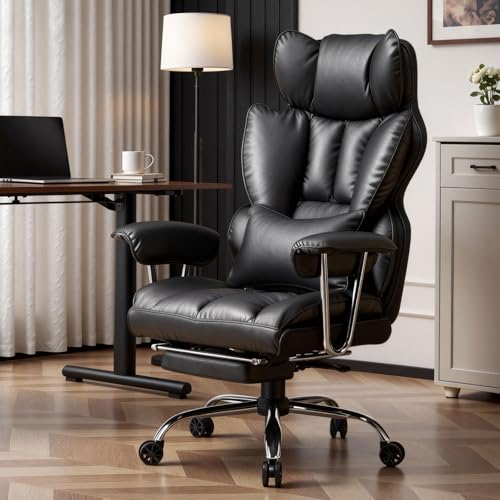 Efomao Big & Tall Office Chair with Footrest, High-Back Leather Executive Desk Chair with Lumbar Support and Padded Armrests, Black
