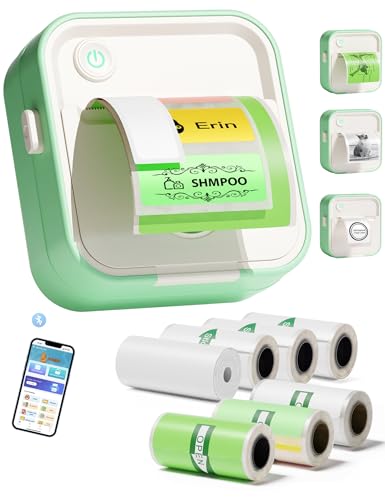 Label Maker Machine, HD Mini Sticker Printer with 7 Rolls Paper, Portable Thermal Print Pod Supports 12-57mm Papers, Bluetooth Pocket Printer for Home, Kitchen, School (Green)