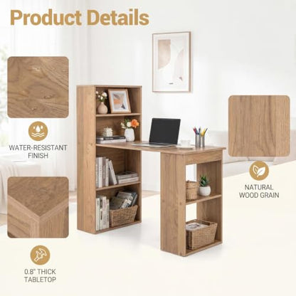 Tangkula Computer Desk with Bookshelf, Writing Study Desk with Storage Shelves & CPU Stand, Modern Compact Computer Workstation for Home & Office, Space-Saving Design(Natural) | Natural Wood Desk w/Storage Shelves & CPU Stand, Space-Saving Design Writing