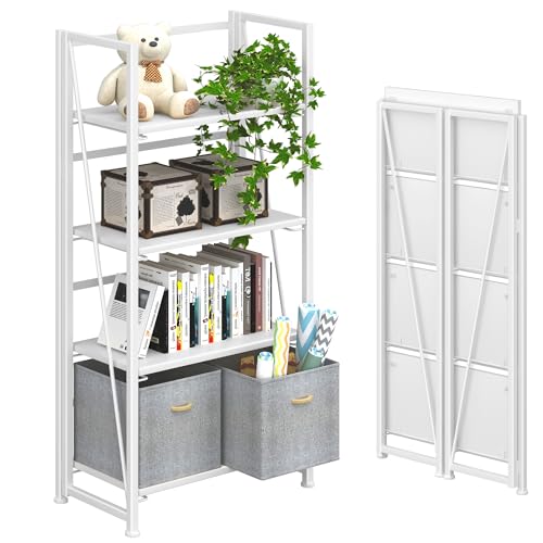 4NM No Assembly Folding Bookshelf Storage Shelves 4 Tiers Vintage Bookcase Standing Racks Study Organizer Home Office (All White) - color: All White, size: Standard 4 Tiers