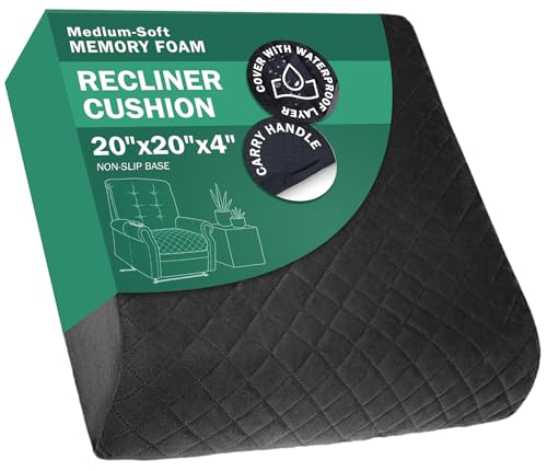 Medium-Soft 20x20x4 Memory Foam Recliner Chair Seat Cushion for Long Sitting - Armchair Pad with Washable Velvety Cover with Waterproof Layer & Non-Slip Base for Seniors & Elderly - Black - color: Black, size: 20x20x4"