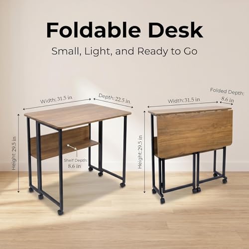 Mobile Foldable Computer Desk with Lockable Wheels & Fixed Foot Pads,Space Saving Folding Writing Gaming Table with Storage Shelf,Laptop Desk for Bedroom Small Apartment Office - color: Walnut Folding Table