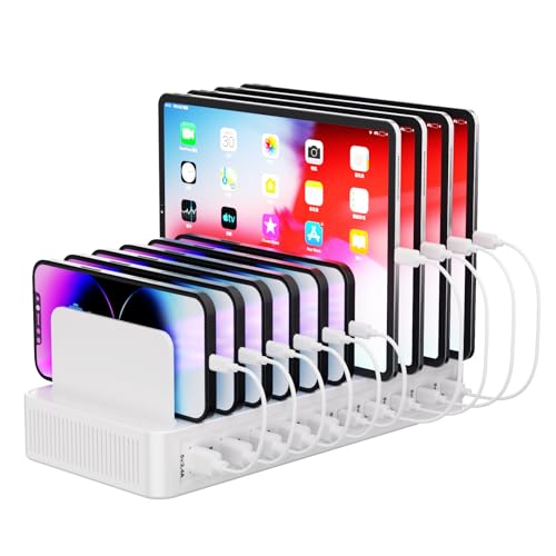 60W Charging Station for Multiple Devices, 10-Port USB Fast Charging Station with Adjustable Dividers - Device Organizer Charging Dock for iPhone, Android, iPad, Tablets & More - color: White