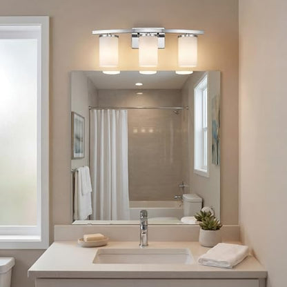 Kichler Crosby 23" Vanity Light in Chrome, 3-Light Contemporary Bathroom Light with Satin Etched Cased Opal Glass, (23" L x 8.75" H), 45497CH | Satin etched cased opal glass vanity light for bathroom mirrors (23" x 8.75" x 6"), 45497CH - color: Chrome, si