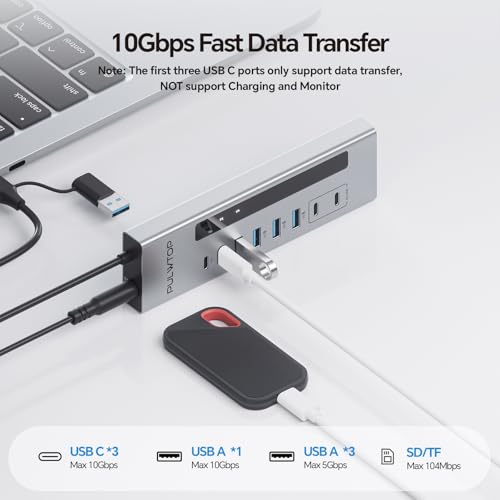 Powered USB C Hub 11-in-1 USB Hub with 2 * 24/45W Type-C PD Charging Ports | PULWTOP USB Powered Hub with SD/TF, 2*USB-C 10Gbps, 4*USB-A 5/10Gbps (72W DC Adapter Included) Not Support Video