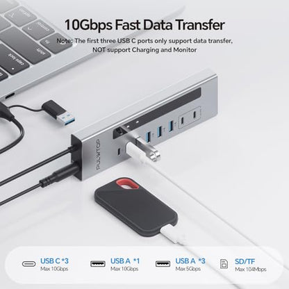 Powered USB C Hub 11-in-1 USB Hub with 2 * 24/45W Type-C PD Charging Ports | PULWTOP USB Powered Hub with SD/TF, 2*USB-C 10Gbps, 4*USB-A 5/10Gbps (72W DC Adapter Included) Not Support Video