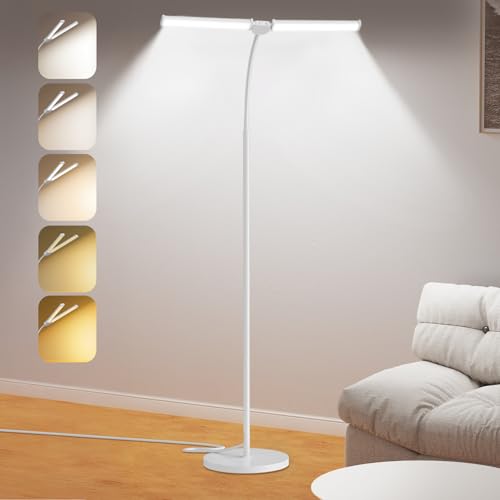 LED Floor Lamp for Living Room, Bright Reading Lamps for Office | 5 Adjustable Colors Temperatures&Brightness, Dual Head Goose Neck Standing Lamp, Remote Control, Eye-Caring Tall Lamp, White - color: White
