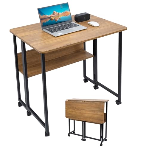 Mobile Foldable Computer Desk with Lockable Wheels & Fixed Foot Pads,Space Saving Folding Writing Gaming Table with Storage Shelf,Laptop Desk for Bedroom Small Apartment Office - color: Walnut Folding Table