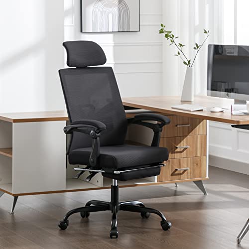 Qulomvs Mesh Ergonomic Office Chair with Footrest Home Office Desk Chair with Headrest and Backrest 90-135 Adjustable Computer Executive Desk Chair with Wheels 360 Swivel Task Chair - color: Black With Footrest
