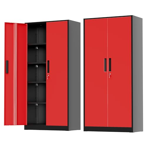 Greenvelly Metal Storage Cabinet with Doors and Shelves, 72" Inch Locking Metal Cabinet,Garage Storage Cabinet for Garage Office School Warehouse (Black Red) - color: Black Red, size: 72 Inch