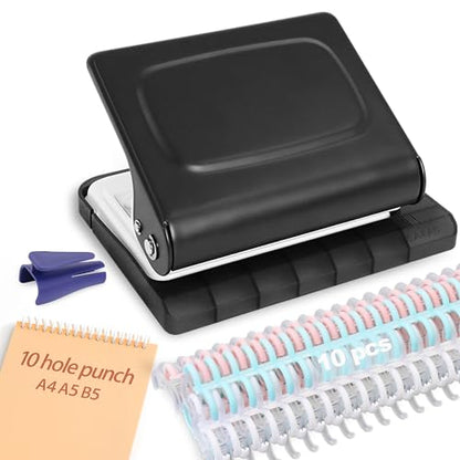 10 Hole Punch Binding Machine for Planners with 10 Multi-Color Binder Rings | 30 Holes on A4, 20 Holes on A5, 26 Holes on B5, 10 Sheet Capacity (Black) - color: Black