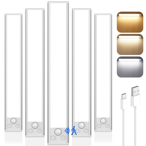 VerRon 14in Under Cabinet Lighting, 3200mAh Rechargeable Battery Powered Closet Lights with 3 Color Tempers 108 LED, Wireless Motion Sensor Light Indoor, Dimmable Lights for Kitchen, Stair, 5-Pack | Dimmable 108-LED Under-Counter Light Fixture for Kitchen