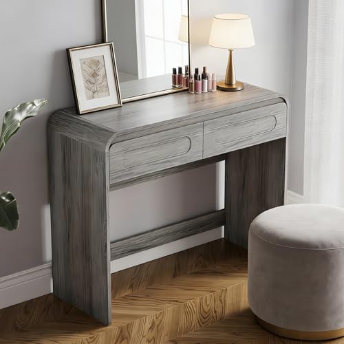 Vanity Desk, Makeup Vanity Desk with 2 Drawers and Storage Desktop Space | Modern Makeup Vanity Dressing Table with Curved Profile Design, Grey Makeup Computer Writing Desk for Home Office Bedroom - color: Grey, size: 15.7"D x 39"W x 32"H