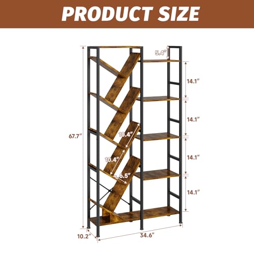 5-Tier Double Wide Bookshelf 67" , Industrial Tree BookShelves, Vintage Storage Rack with 14 Open Shelves, Large Bookcase, Wooden and Metal Bookshelves, Wide Display Rack for Home Office Decorative - color: Vintage Brown, size: 15 Tier