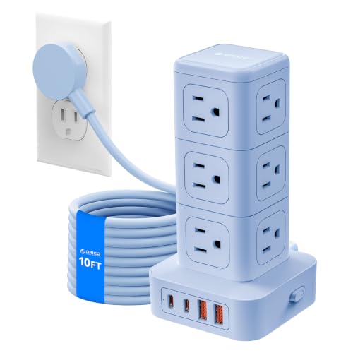 ORICO 10FT Extension Cord with 12 AC Outlets 4 USB, Surge Protetctor Power | Power Strip Tower, Outlet Extender, 20W Fast Charge Desk Accessories for Home Office Dorm - color: Blue, size: 10FT
