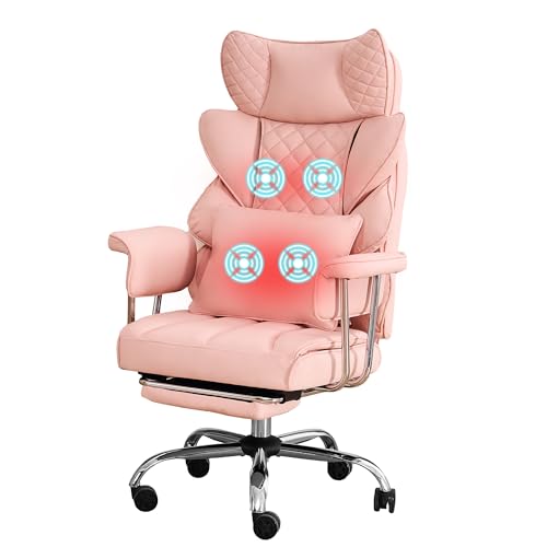 500 Lbs Kneading Massage Office Chair with Foot Rest Reclining Pink | Ergonomic Computer Chair, High Back Thick Cushion, Big & Tall, Comfy Leather, Heavy Duty Home Executive - color: Pink