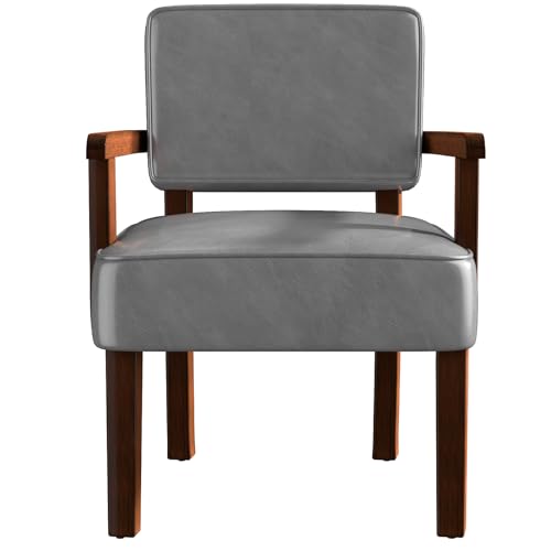 Faux Leather Accent Chair, Mid-Century Armchair with Wood Frame | Upholstered Living Room Chair, Comfy Reading Chair for Bedroom, Waiting Room, Home Office, Easy Assembly, Gray - color: Faux Leather Gray, size: One Chair