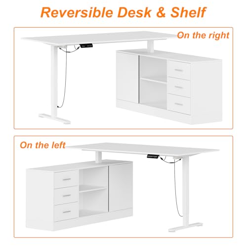 FUFU&GAGA 63” L-Shaped Standing Desk with 3 Drawers, Electric Height Adjustable Desk with File Cabinet, Executive Computer Table, Sit Stand Desks, for Home Office, White, 63”W x 55.1”D x 29.1”-44”H