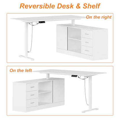 FUFU&GAGA 63” L-Shaped Standing Desk with 3 Drawers, Electric Height Adjustable Desk with File Cabinet, Executive Computer Table, Sit Stand Desks, for Home Office, White, 63”W x 55.1”D x 29.1”-44”H